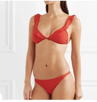 NWT $205 Sz L  Tory Burch Poppy Red Flounce Bikini Top & Low Rise Bottom — 第 1/4 张图片