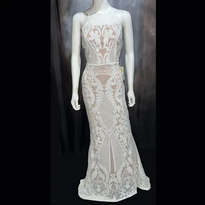 NWT Yissang Halter Floral Lace Sequined Mermaid Dress Gown, White, S+, Wedding - Image 1 of 4