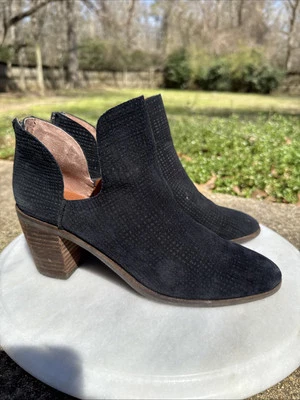 Women’s Lucky Brand Leather Bootie Black Size 8.5 Zip Back Suede Cutout Ankle - Image 1 of 4