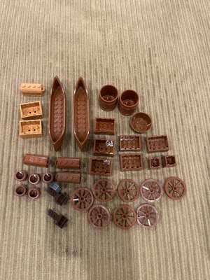 Lote de piezas vintage Lego marrón oscuro barriles caja madera carro ruedas canoa Foto 1 de 3