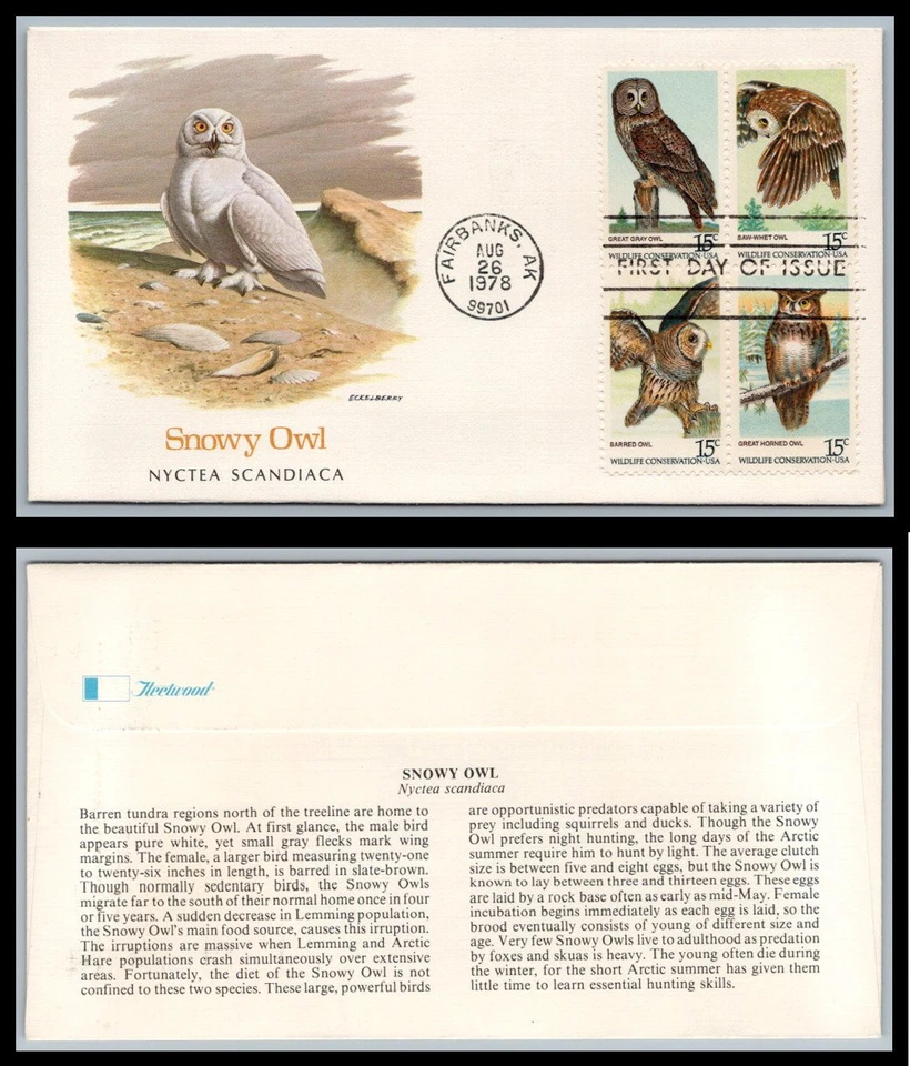 US FDC # 1760-1763 15c Owls of America  Fleetwood block  1978, 9p8521 - Image 1 of 1