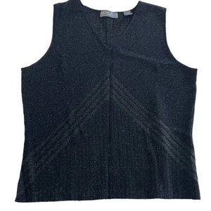 Kate Hill Top Womens Large Petite Black Metallic Knit Sparkle V Neck - Picture 1 of 6