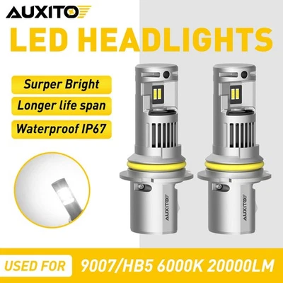 2x 9007 6000K Lamps LED Bulbs Headlight Kit IP67 Waterproof High Low Beam AUXITO - Image 1 of 4