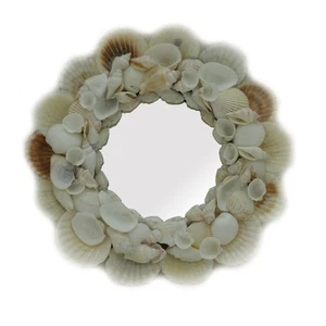 Mixed White Seashell Framed Small Round Wall Mirror 10.5 Inch Diameter - Picture 1 of 2