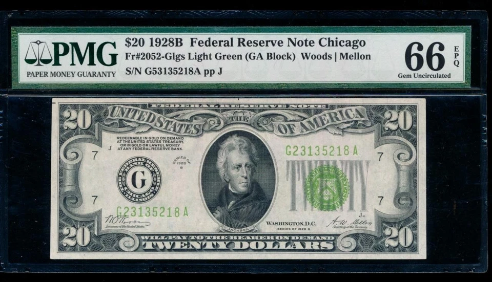 AC 1928B $20 Chicago Light Green Seal LGS PMG 66 EPQ FR 2052-G - Image 1 of 2