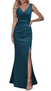 New WOOSEA Women Sleeveless VNeck Split Evening Cocktail Long Dress Teal Green M - Picture 1 of 4