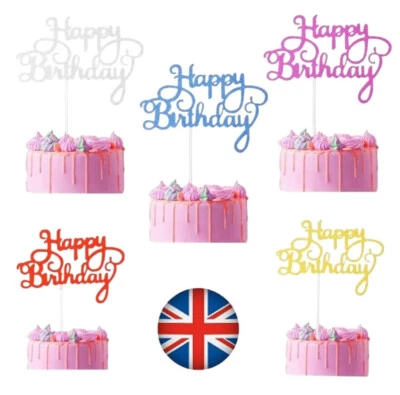 YOONEEK Happy Birthday Cake Toppers with Glitter* in Calligraphy Cake Decorations Signs
