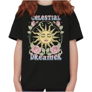 Cool Celestial Dreamer Boho Sun Face Roses Girls Youth Crewneck T Shirts Tees - Picture 1 of 7