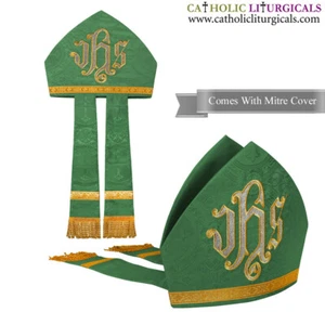 New Green Mitre with IHS embroidery,mitra,Bishop's Mitre, New - Picture 1 of 3