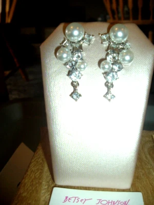 CRYSTAL PEARLS DANGLING CRYSTALS BOTTOM Betsey Johnson SILVER Pierced EARRINGS - Image 1 of 4