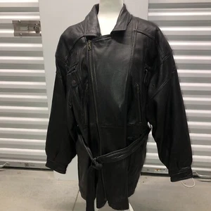 VINTAGE MIDWAY LEATHER Jacket Black Leather Lined w/ Belt Size Large Soft Long - Picture 1 of 11