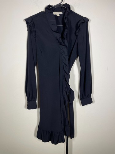 Abito donna Michael Kors nero manica lunga con volant avvolgente M cocktail sera