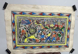 Dipinto artista messicano Pablo Nicolas su corteccia di amate firmato 1981 17X24 - Foto 1 di 12