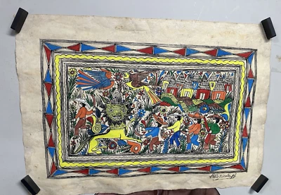 Pintura de artista mexicano Pablo Nicolás sobre corteza amate firmada 1981 17X24 Foto 1 de 4