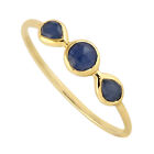 10K Yellow Gold Three Stone Bezel Blue Sapphire Rings Handmade Fine Jewelry