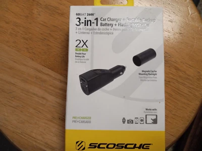 Scosche GoBat 3 合 1 12V USB 充电器/LED 手电筒/备用电池 PBC71 — 第 1/2 张图片