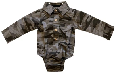 Mud Pie Camo Crawler 9-12 Months Long Sleeve Button Front Pocket 3 Snap Crotch - Image 1 of 4