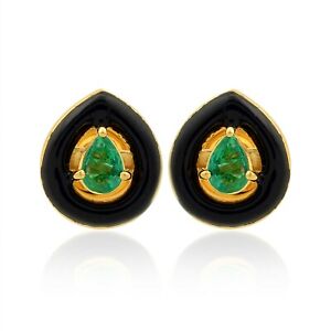 18K Yellow Gold Pear Emerald Gemstone Pear Shaped Stud Earrings Enamel Jewelry