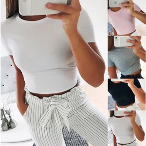 Women Casual Short Sleeve Blouse T-Shirt Bodycon Gym Yoga Crop Tank Top Sports - Picture 1 of 5