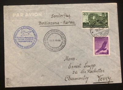 1938 年 Triesen Lichtenstein 特殊飞行航空邮件封面到 Vevey 瑞士 #C9 — 第 1/2 张图片