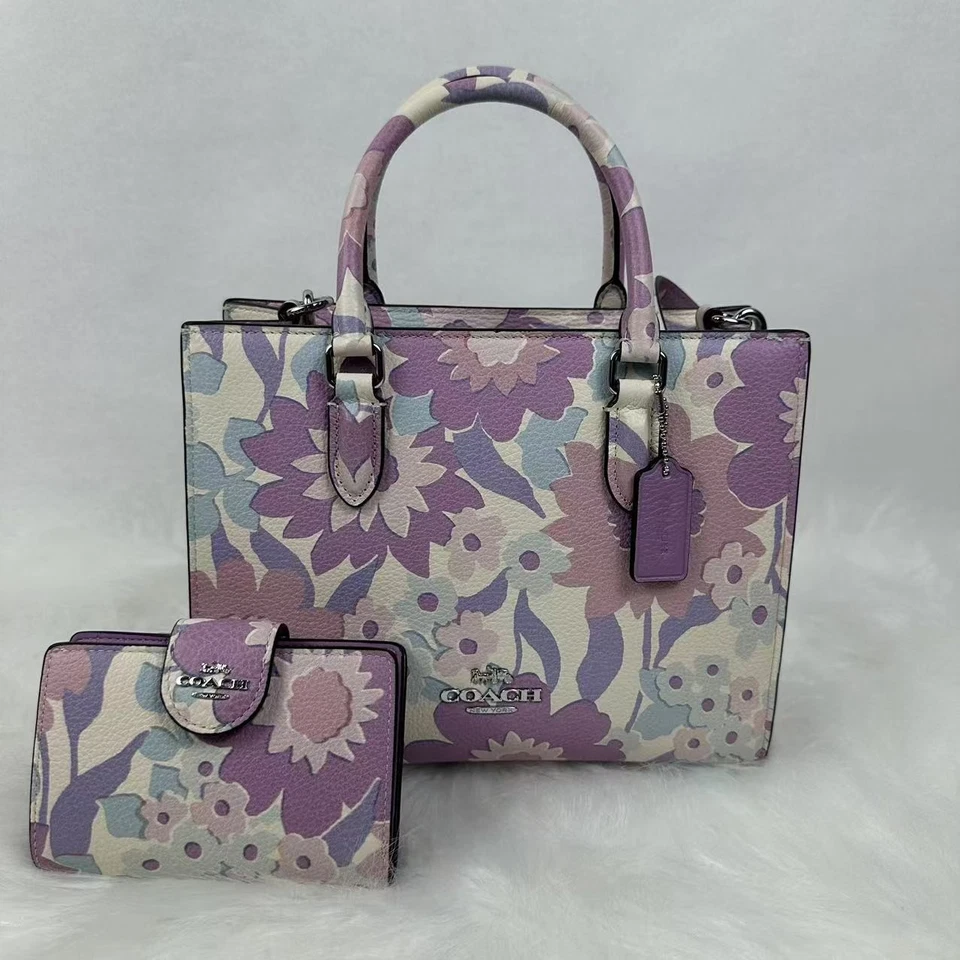 COACH Maggie Small Tote Bag Floral Print In Pebble Leather Ivory Multi CBM08