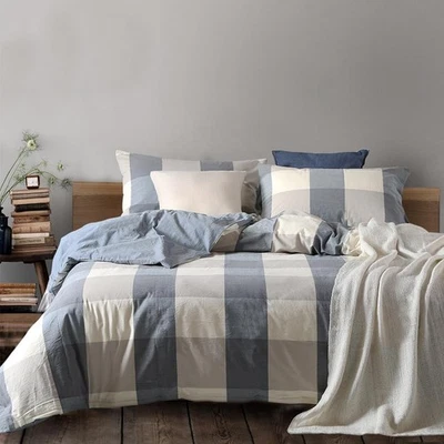 Twin 100% Washed Cotton Duvet Cover Set Navy Blue - Kid Buffalo Plaid Linen F... - Image 1 of 4