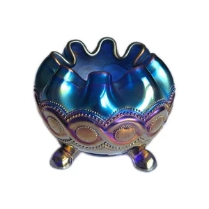 VTG Northwood Cobalt Blue Beaded Cable Carnival Glass Rose Bowl Ribbon Top 4"  - Picture 1 of 9