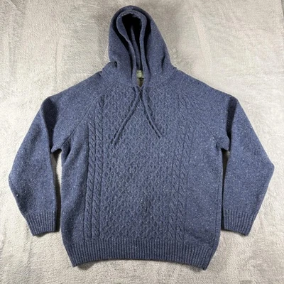 Aran Woollen Mills Sweater Mens Large Blue Lambswool Hooded Cable Knit Fisherman - Image 1 of 4