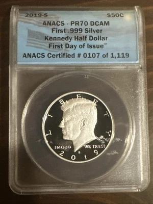 2019-S .999 Fine Silver Kennedy Half Dollar ANACS PR70 DCAM First Day of Issue - Image 1 of 2