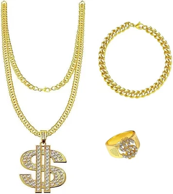 3 PÇS 80S 90S Rapper conjunto de corrente de ouro falso, anel, pulseira, placa de dólar grande - Imagem 1 de 4