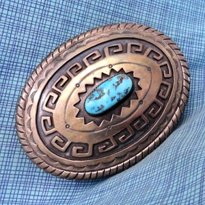 SW Native American Belt Buckle Sterling Silver Turquoise Signed S Lee .Bowman#04 - Picture 1 of 16