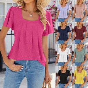 Ladies Short Sleeve Pleated Blouse Tops Summer Loose Holiday Tee Shirt Plus Size - Picture 1 of 37