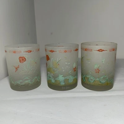Vintage Rare Neiman Marcus Cocktail Lowball Frosted Glass Bar Set of 3 Painted - Image 1 of 4