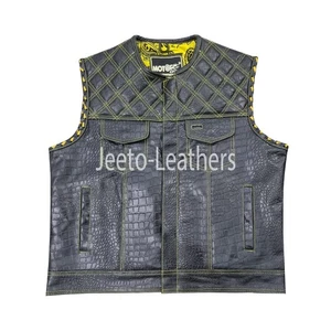 Herren schwarz/gelb echtes Rindsleder Motorrad Weste Paisley Futter Weste - Bild 1 von 5