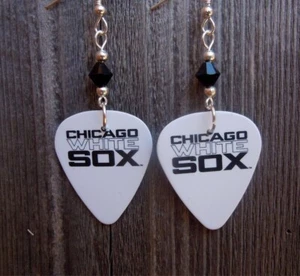 Chicago White Sox White Guitar Pick Earrings with Black Swarovski Crystals - Picture 1 of 4