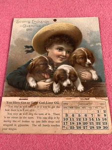 Calendario publicitario de aceite de hígado de bacalao emulsión Scott's 1892 niño y perros COMPLETO - Imagen 1 de 6
