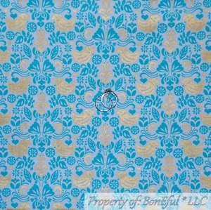 BonEful FABRIC FQ Cotton Quilt White Aqua Blue Teal Gold Metallic Bird Damask US - Picture 1 of 12