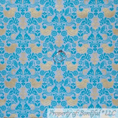 BonEful FABRIC FQ Cotton Quilt White Aqua Blue Teal Gold Metallic Bird Damask US - Image 1 of 4