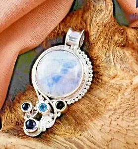 SAJEN ARGENTO Ciondolo Pietra di Luna Arcobaleno Multi Pietra Preziosa in Argento Sterling 14g - Foto 1 di 9
