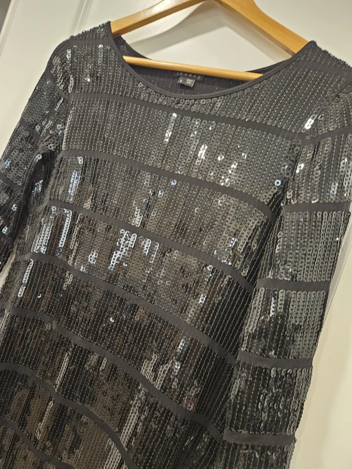 Theory Sequin 3/4 Sleeve Mini Dress Black LBD Cocktail Party Holiday NYE Small - Image 1 of 4