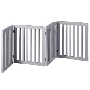 Foldable Wood Pet Dog Gate 4 Panels Dog Fence with Protector Feet Grey Indoor - Picture 1 of 22