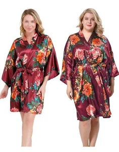 NEW Burgundy Floral Satin Kimono Short Bath Robe Lingerie, Sleepwear Wms Sz L/XL - Picture 1 of 10