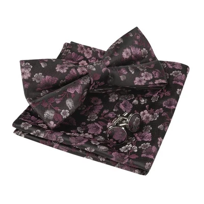 Mens Floral Pattern Pre-tied Bow Tie Pocket Square and Cufflinks Set Black+Pink - Image 1 of 4