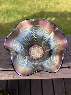 Antique Fenton Blue Carnival Glass Peacock Tail Ruffled Hat Round Base - Image 1 of 4