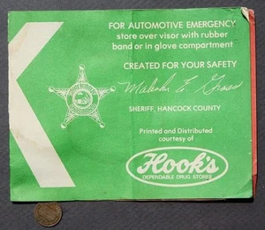 1970s Hancock County Indiana Hook's Drugstore Stalled Car Help dashboard sign -- - Picture 1 of 1