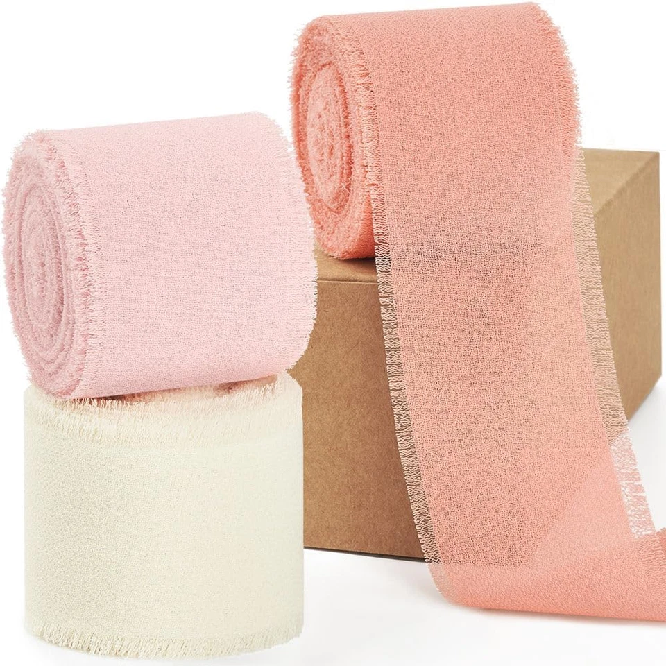 Chiffon Ribbon Pink & Ivory 1.5 Inch X 3 Rolls Total 21 Yards Handmade Silk Frin - Image 1 of 4