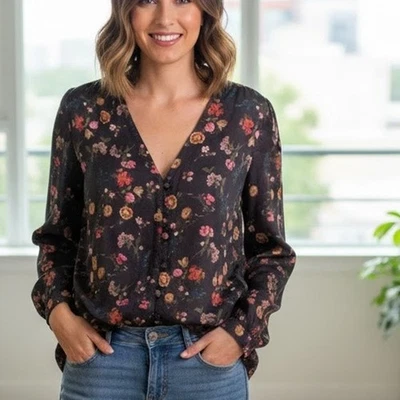 Lucky Brand Modal Button Top Womens Medium Dusty Blue Floral V-Neck Boho Blouse - Image 1 of 4