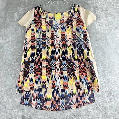 Maeve Top Womens Small Blue Pink Yellow Chevron Print Silk Cap Sleeve Hi Lo Hem - Image 1 of 4
