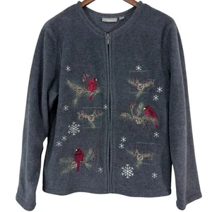 Christmas Sweater Cardigan Women L Fleece Cardinal Pinecone Embroidered Jacket - Picture 1 of 8