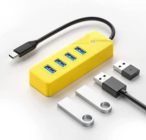 Yellow USB C to USB A Adapter USB Hub 3.0 for Laptop 4-Port 5Gbps USB Multiport - Picture 1 of 9